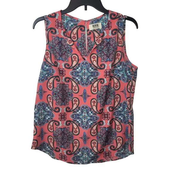 VERSE Sleeveless Coral Paisley Print Blouse With Split Neck Design Size M - Picture 2 of 14